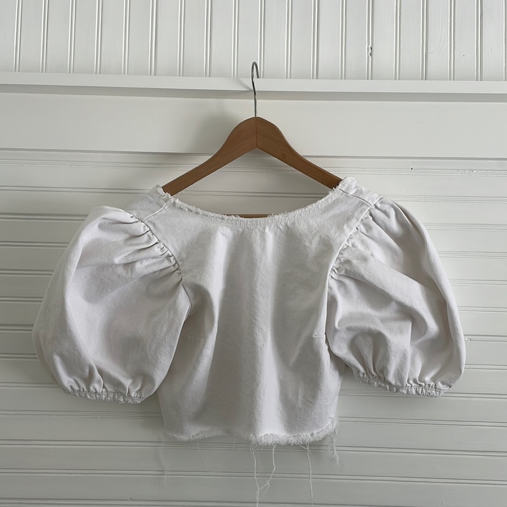 Zara Cropped White Denim Puff Sleeve Shirt